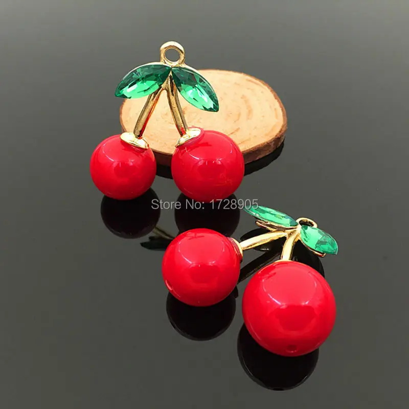 Vintage Red Cherry Charm Pendants with Green Crystal 10pc Big 43mm Alloy Pendant for DIY Necklaces Bracelets Jewelry Accessories