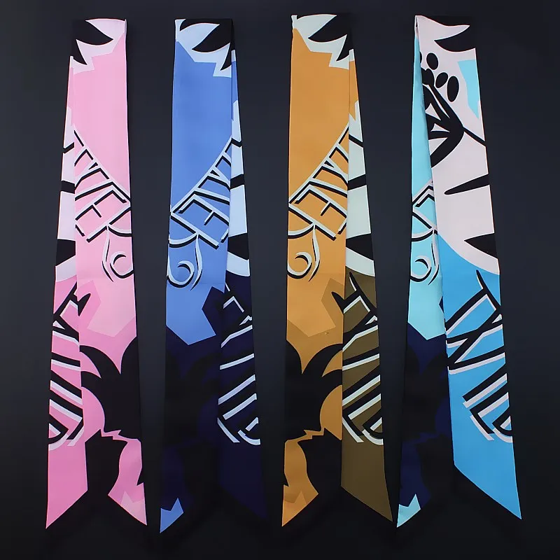 

POBING New Design Letters Print Silk Scarf Women Head Scarf Brand Small Tie Handle Bag Ribbon Long Scarves Female Wraps 100*5CM