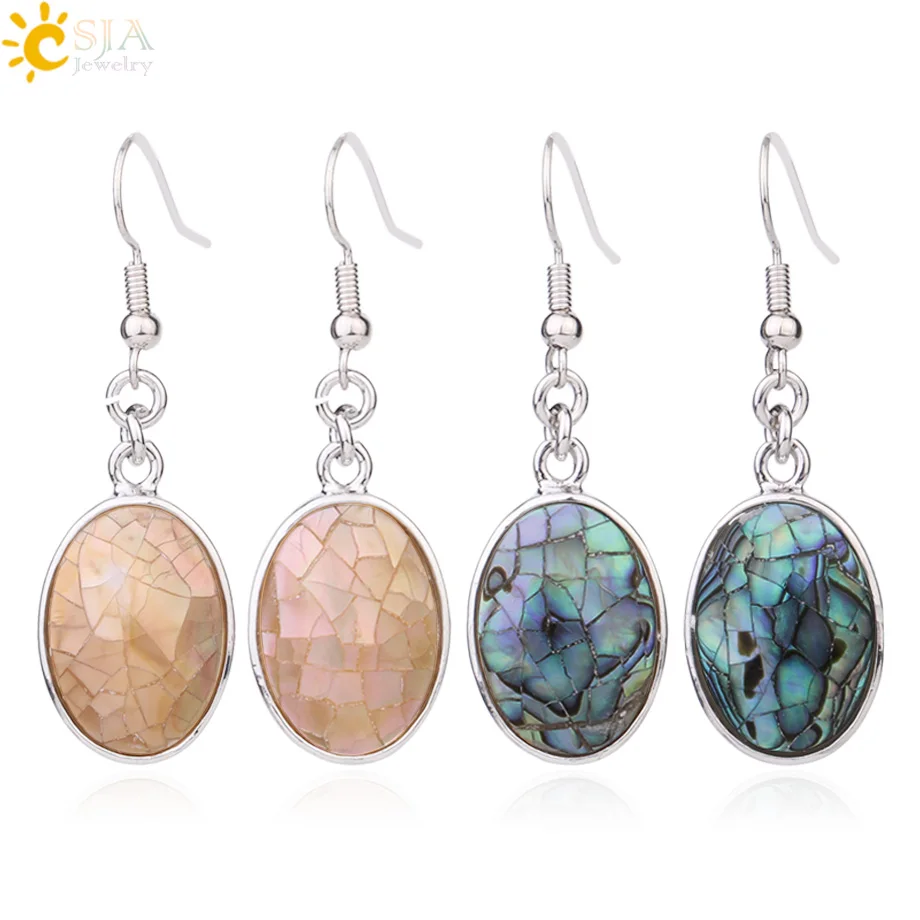 CSJA Natural Seashell Earrings Pink White Abalone Shell Egg Shape Dangle Drop Earring for Women Casual Beach Summer Jewelry F981