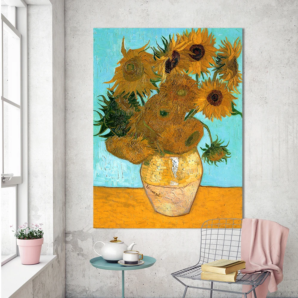 QKART Wall Picture For Living Room Impressionism The Sunflower in Vase Motel Office Home Decor Vincent Canvas Art Painting