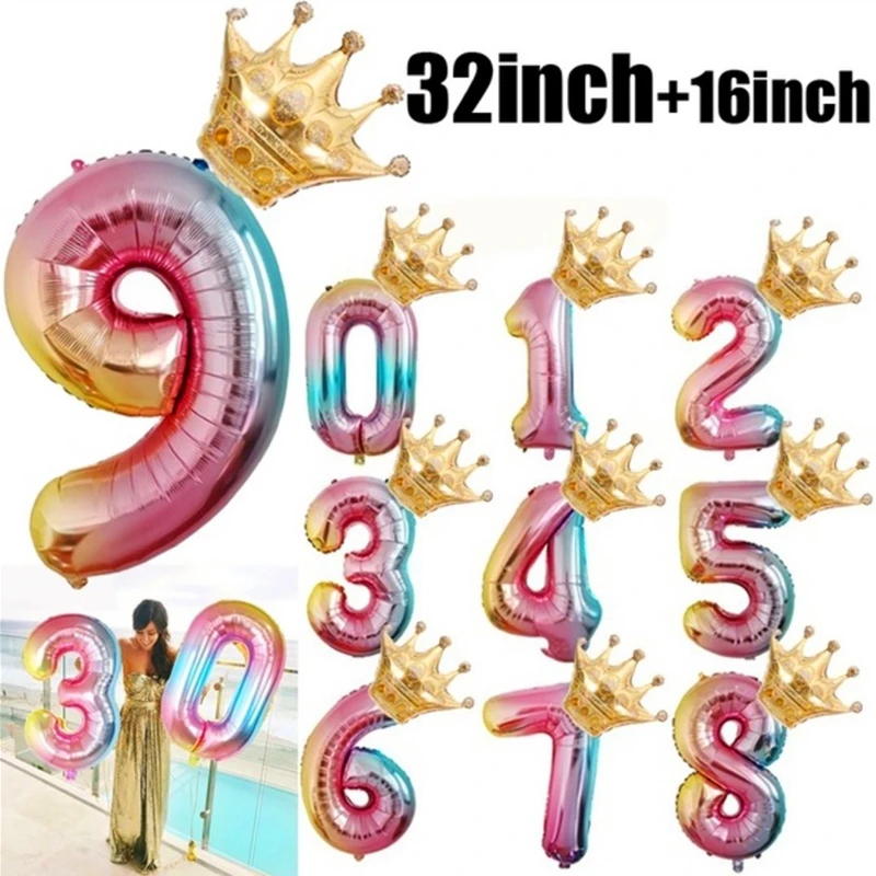 

2pc 32inch&16inch gradient color number with crown ballons happy birthday decorations foil Engagement balloons baby shower decor
