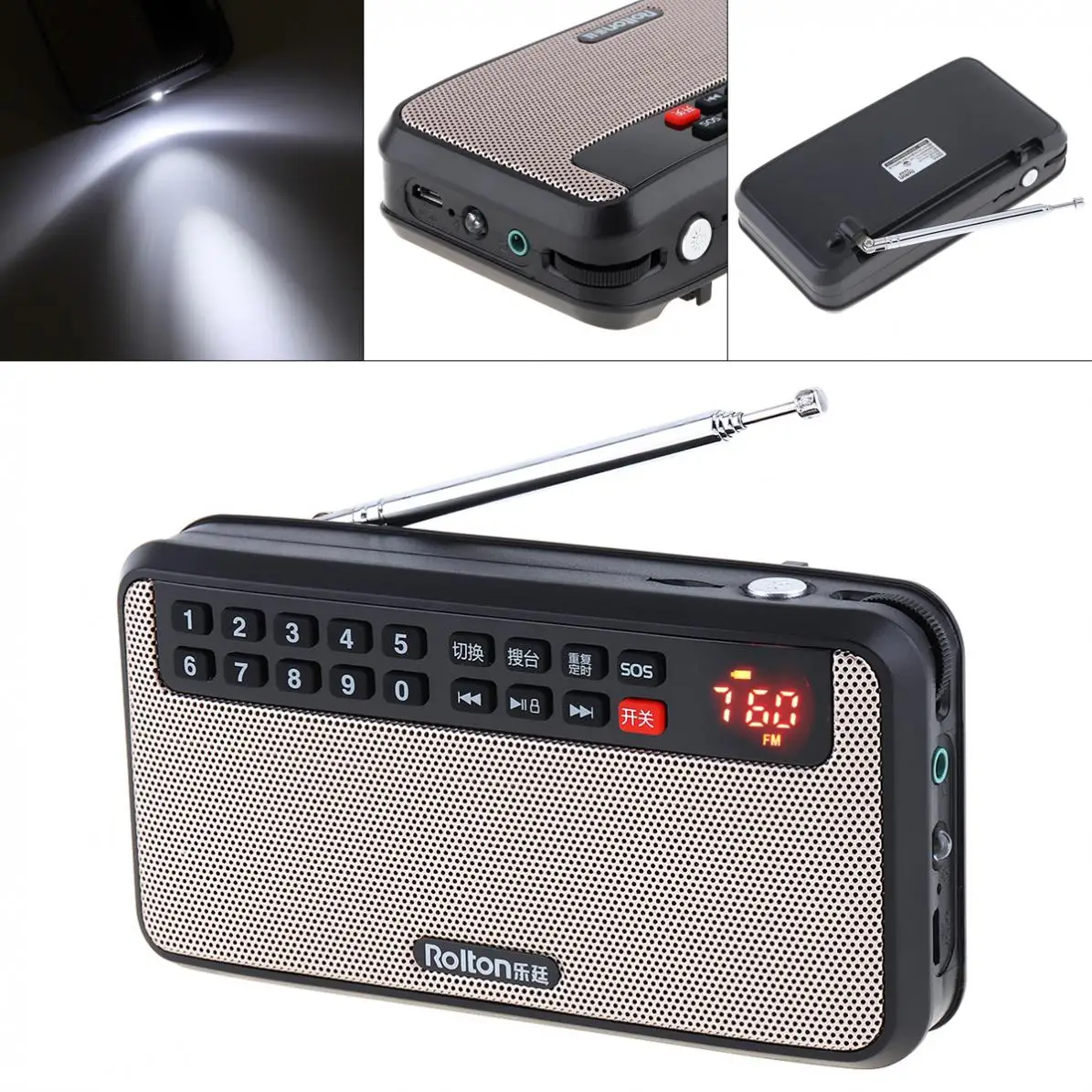 Rolton T60 Portable TF Card USB Mini FM Radio Speaker with LED Display Subwoofer MP3 Music Player / Torch Lamp / Money Verify