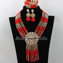 Hot Necklace Fashion Nigerian Beaded Necklaces Sets Red Crystal Beads Wedding Necklace Bridal Jewelry Sets ABK160