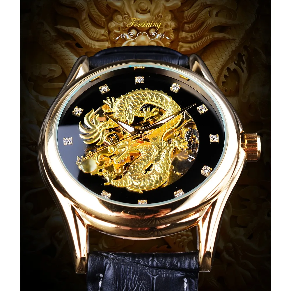 Forsining Watch + Bracelet Set Combination Diamond Dragon Golden Luminous Hand Transparent Men Top Brand Luxury Mechanical Watch