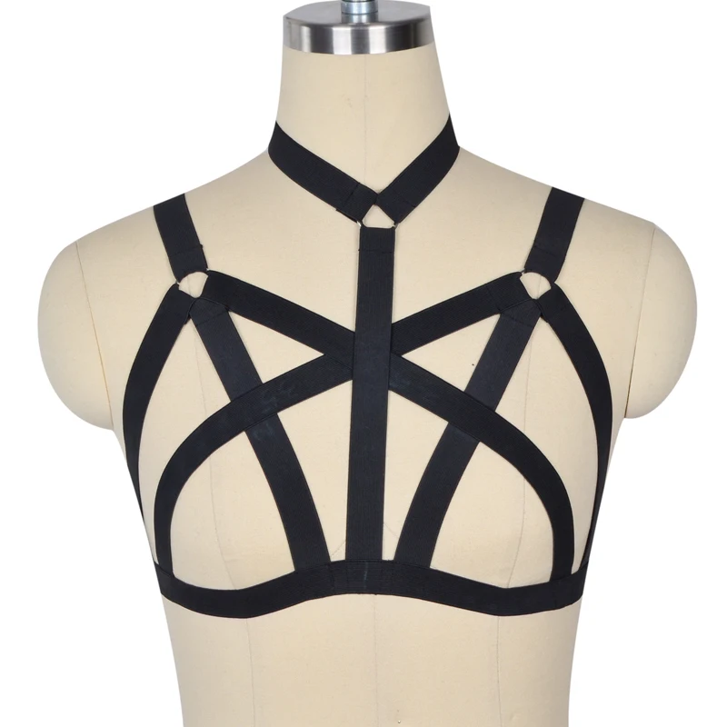 

New Hot Women harness Bra body crop top Spandex Adjust Open Cage bra harness Sexy body stocking Goth harajuku Pentagram harness