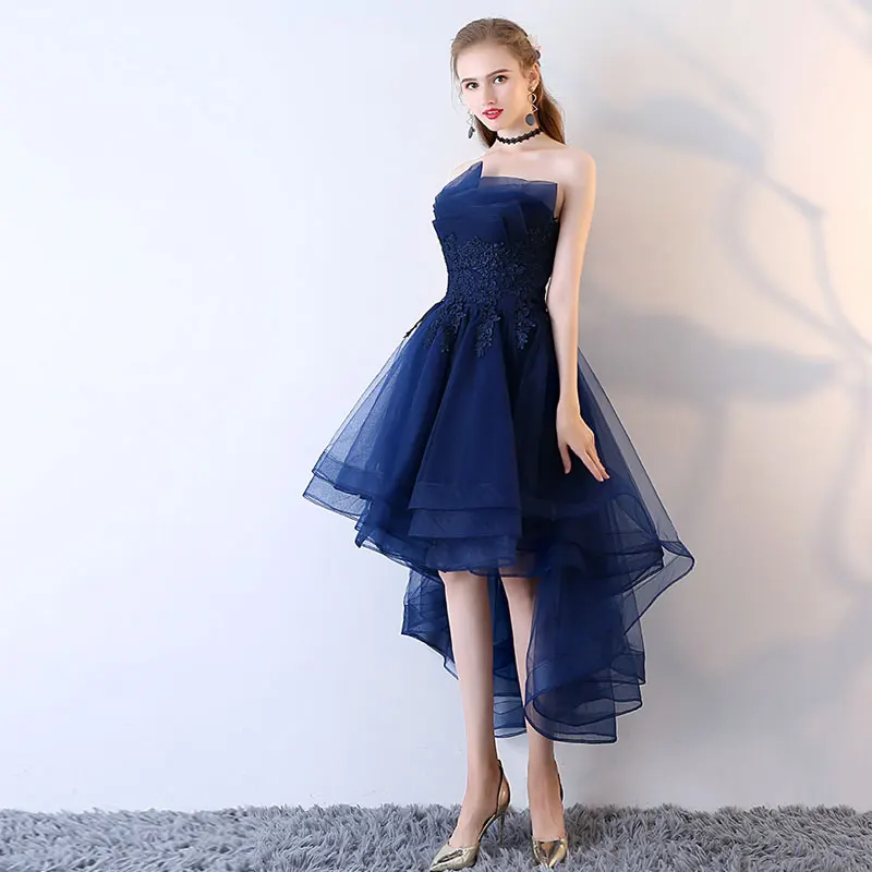 Customized Robe De Soriee Navy Blue High Low Evening Gown Lace Strapless Sexy Elegant Formal Graduation Prom Party Gown