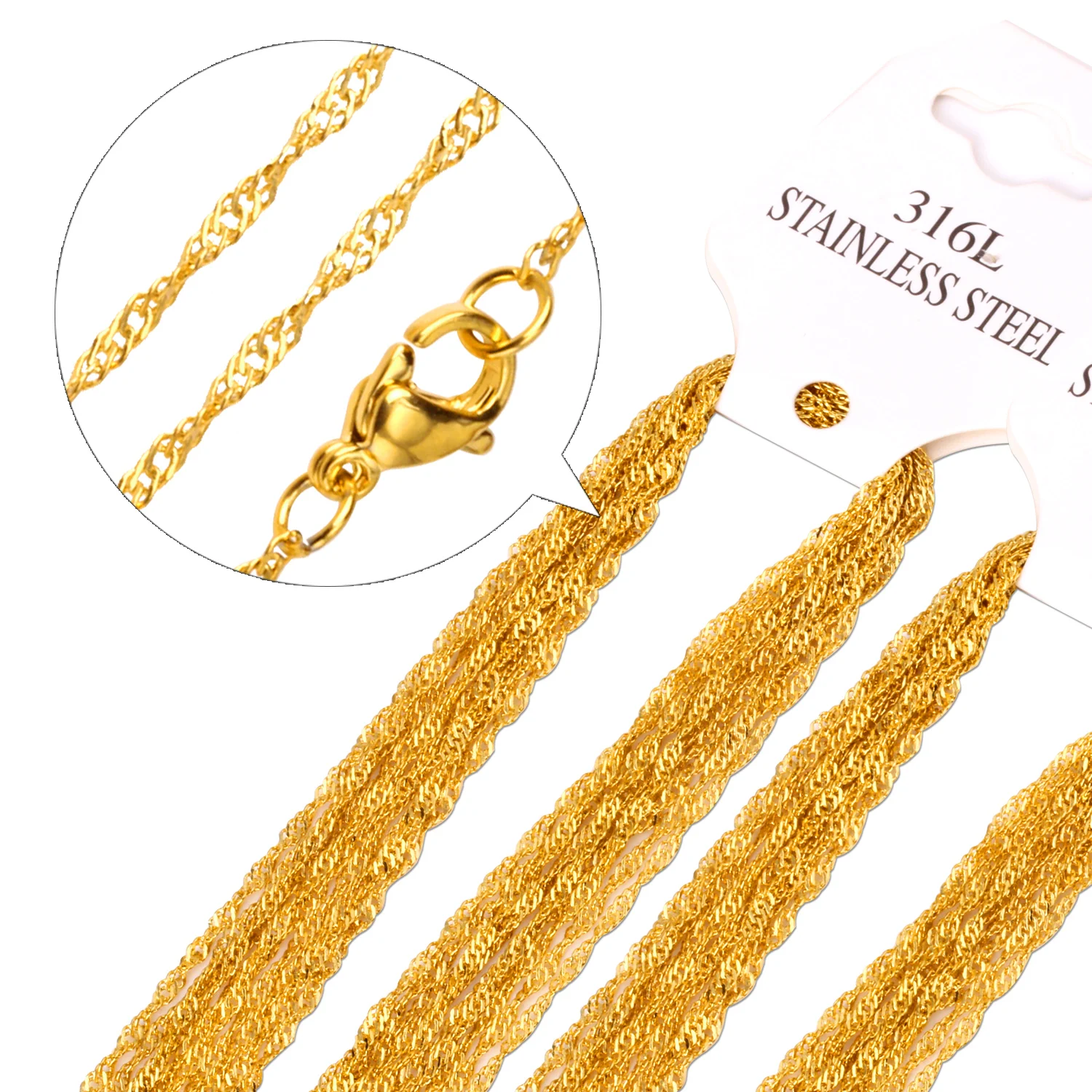 ASONSTEEL 10pcs/Lot Twisted Singapore Chain Gold Color Plated Link Chains Necklace Stainless Steel 2mm Width Wholesale Women Men