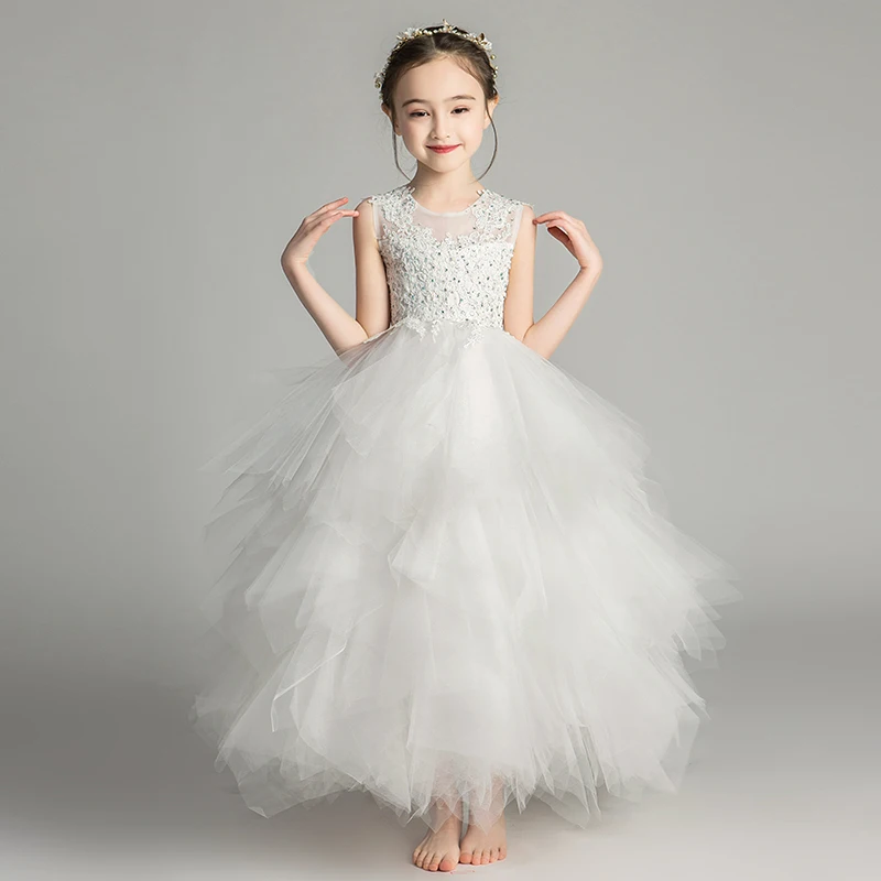 

Elegant Long Beading Lace Girl Dress Sleeveless Flower Girl Dress Kids Performance Show Party Birthday First Communion Gowns