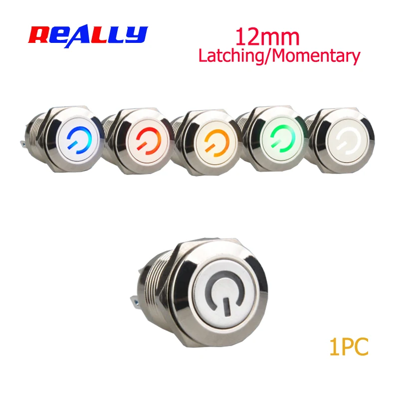 12mm Self-locking Waterproof Metal Push Button Switch Latching LED light3V 5V 6V 12V 24V 36V 48V  220V RED BLUE GREEN YELLOW