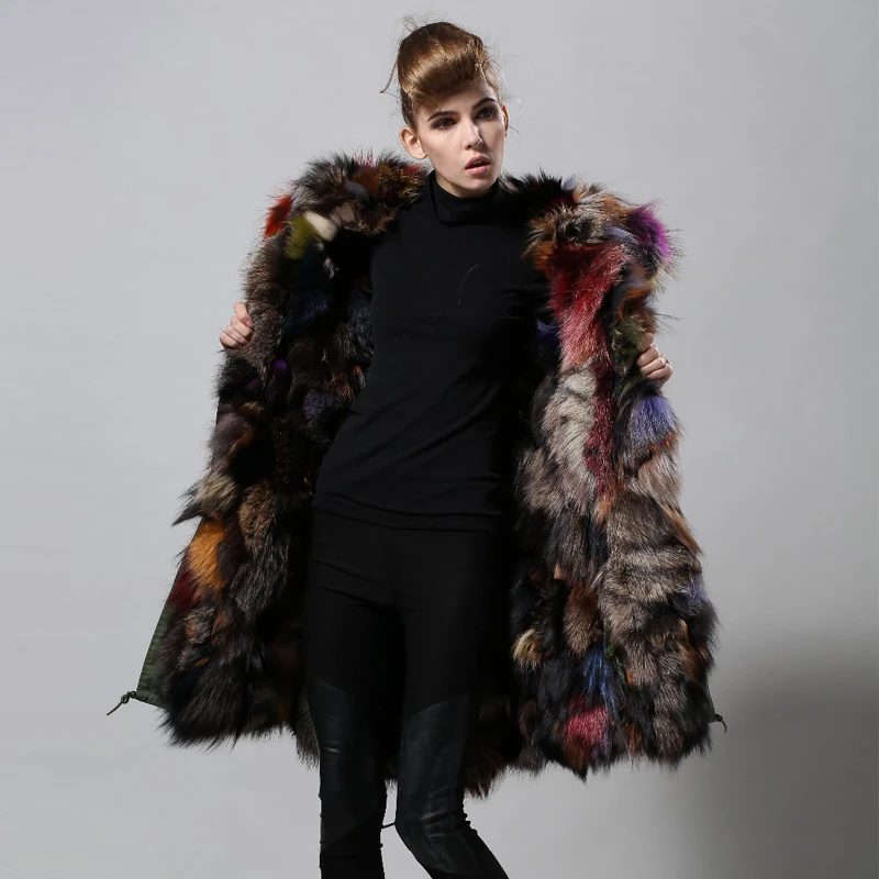 

ODM Long Parka For Women Wonderful Raccoon Fur Collar Winter Overcoat With Colorful Fox Fur Lining