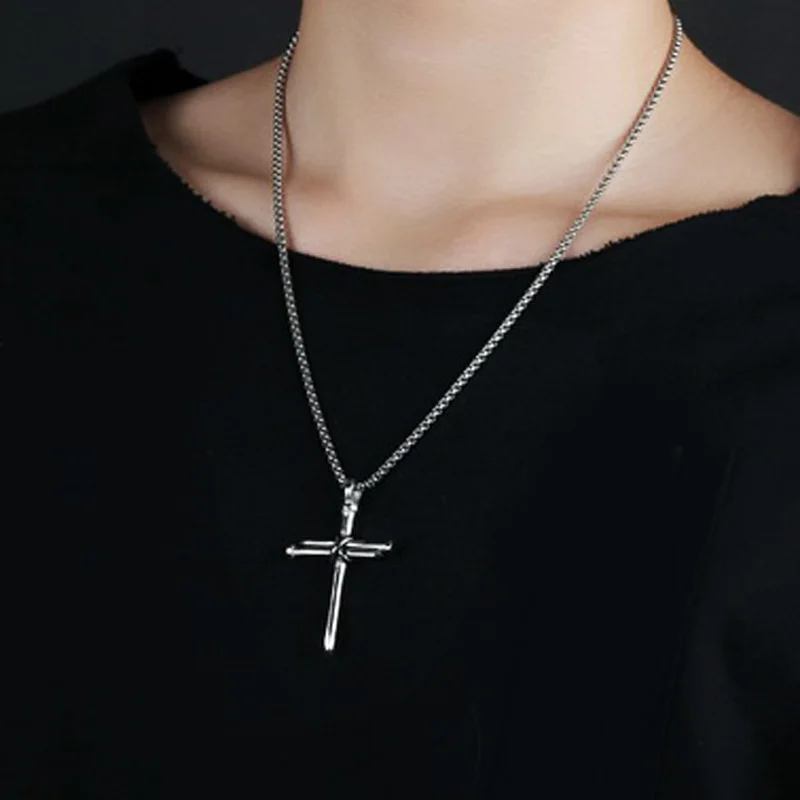 Men\'s Womens Antique Stainless Steel Nail Charm Cross Necklace Pendant Polished Gold Black Color