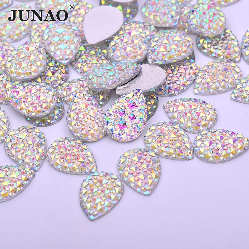 JUNAO 10x14mm 18x25mm Glitter AB Resin Rhinestones Applique Non Sewing Stones Flat Back Gems DIY Drop Strass Crystals  for Dress