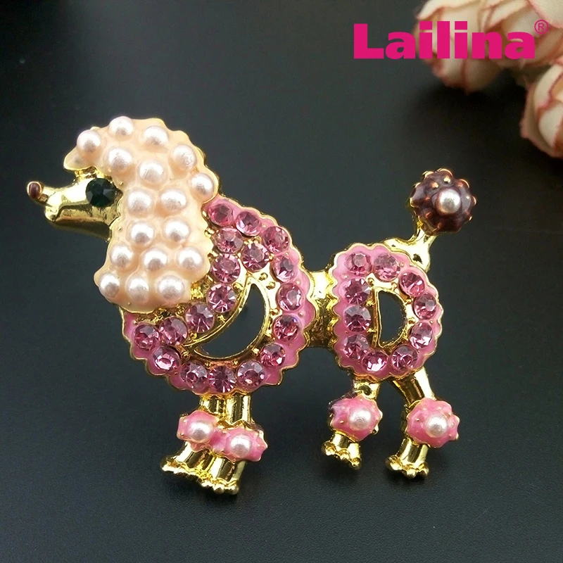 Customized Gold Pating Pink Rhinestone Pear Poodle Dog Brooch Women Dress Animal Broach Jewelry