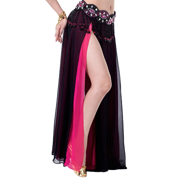 Belly Dance double Colors Chiffon Skirt Performance Belly Dance 2-side Slits Skirt Sexy Women Oriental Belly Dance Skirt NO belt