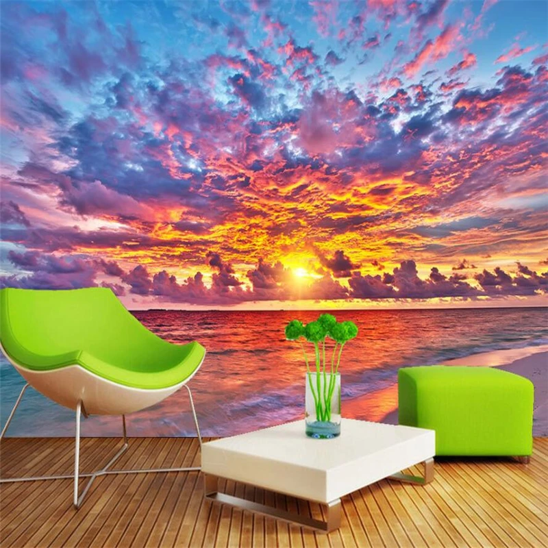 wellyu Sunset Fire Burns Beautiful TV Background Wall Custom Large Mural Green Silk Wallpaper papel de parede para quarto