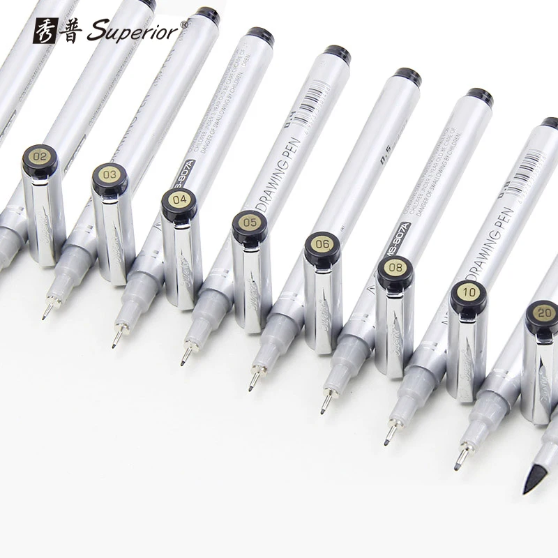 Superior 10pcs/lot Neelde Soft Brush Fine Line Pen Black Sketch Markers Waterproof Drawing Pen 10 Different Size Pigment Liner