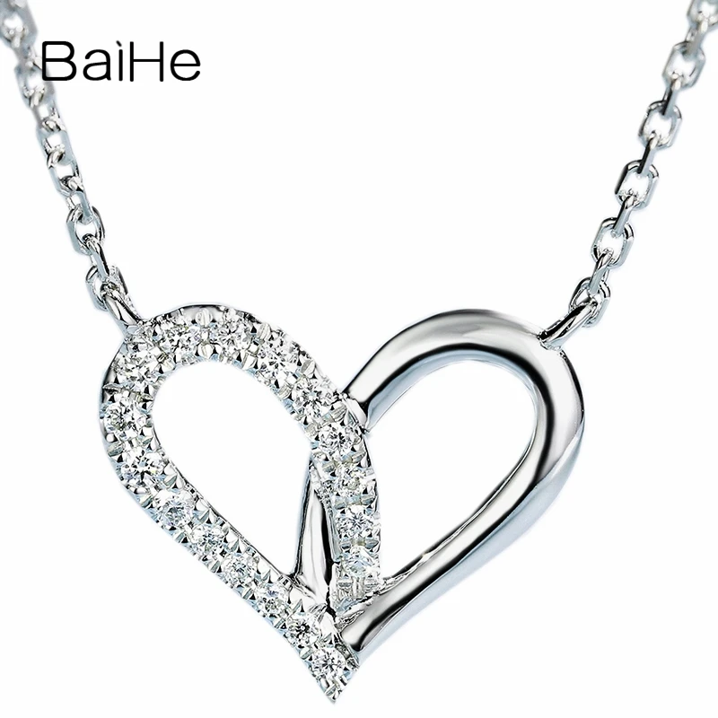 

BAIHE Solid 18K White Gold Round H/SI 0.08ct Natural Diamond Heart Necklace Women Fine Jewelry Herz Halskette collier coeur