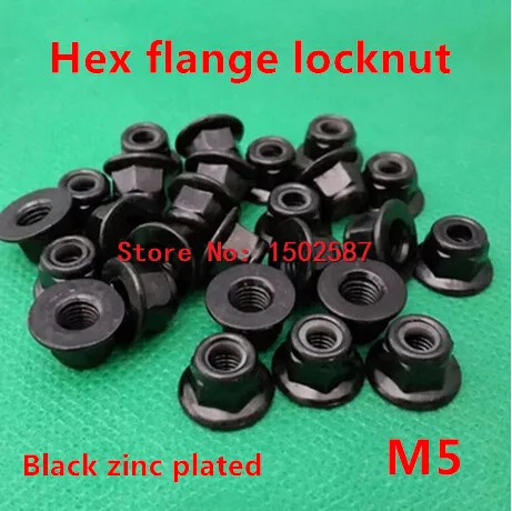 100pcs/lot M5 Hex Flange Nuts Black Zinc Plated Carbon Steel DIN6923 Nylon Lock Nut