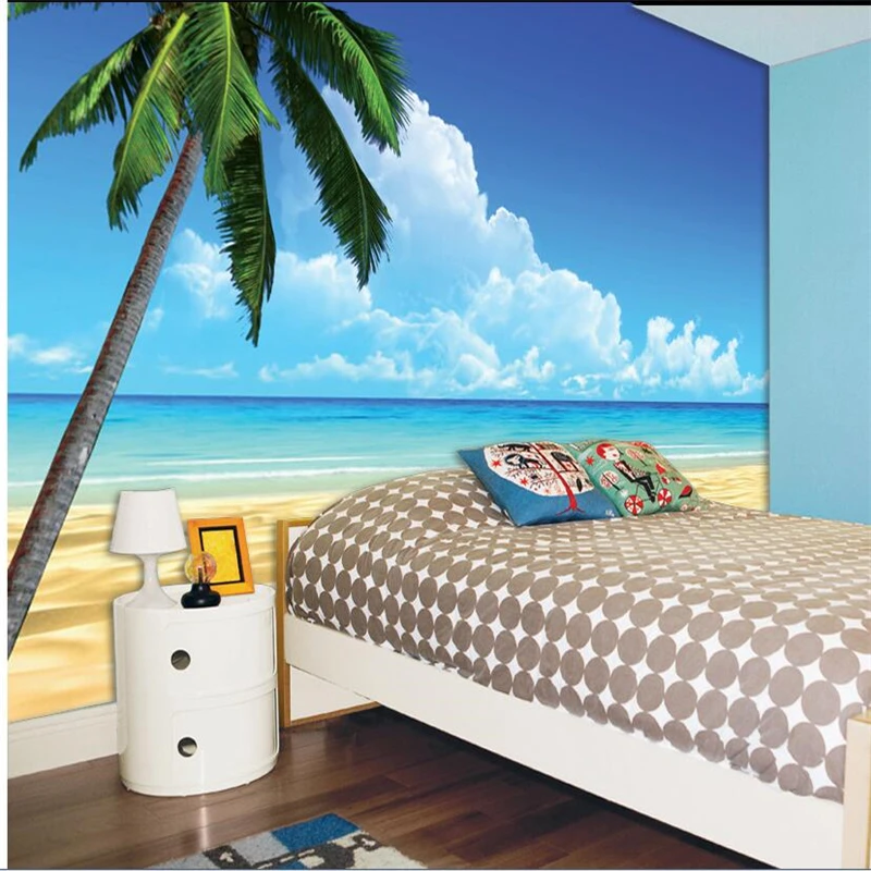 

wellyu обои wallpaper for walls 3 d Custom wallpaper Blue sky white clouds sea beach coconut trees simple sea view background