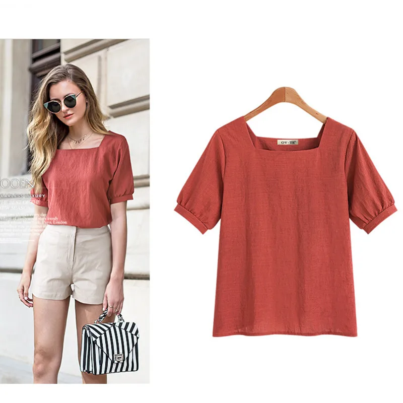 Blusa informal de algodón y lino para verano, camisa de chifón suave y transpirable, color rojo, caqui y negro, 2018