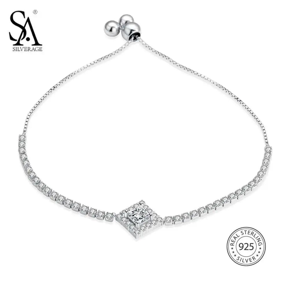 SA SILVERAGE 925 Sterling Silver Shiny Square Chain Bracelet for Women Adjustable Rhinestones Bangle Bracelet Fashion Jewelry