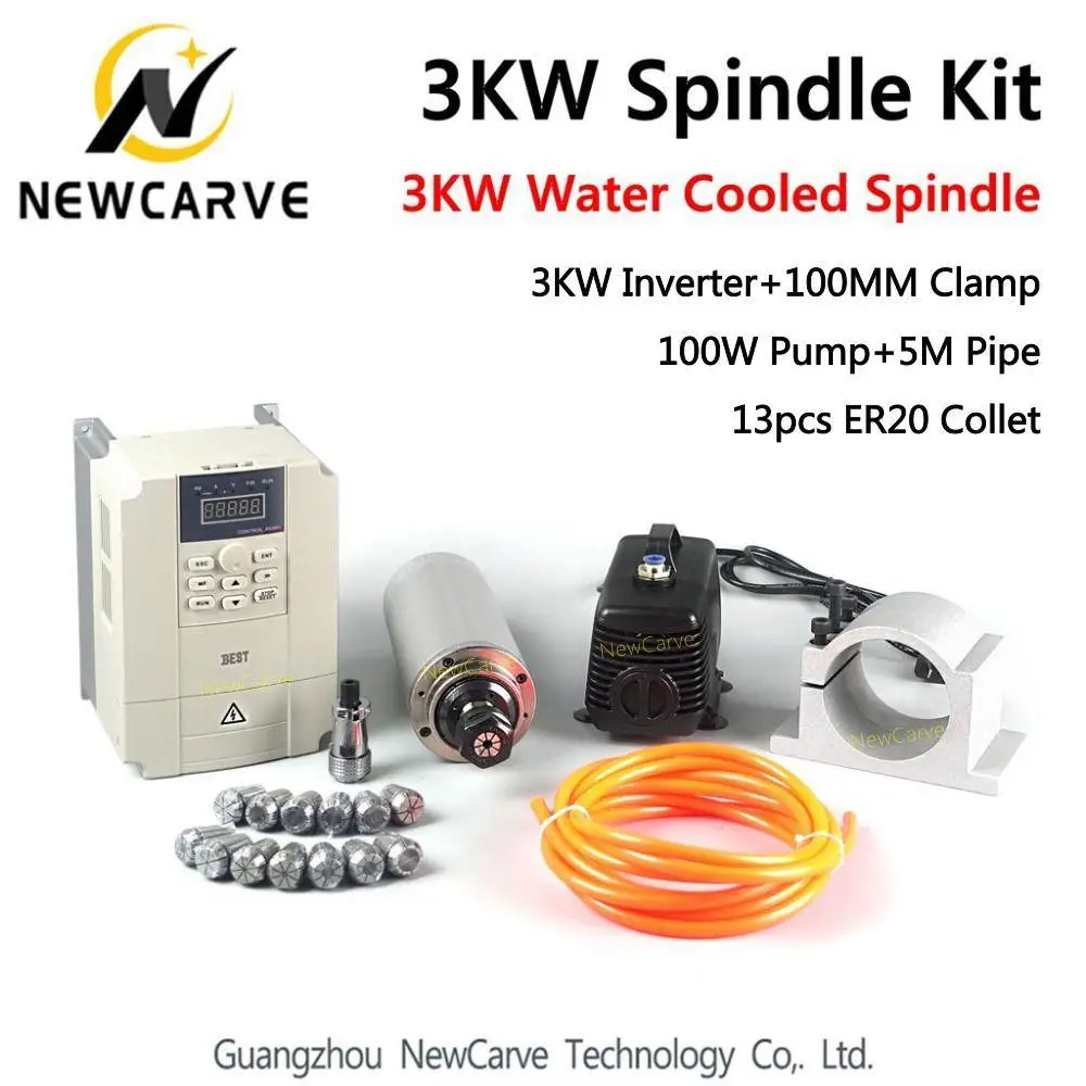 

Kit 3KW 220V 100mm CNC Router Water Cooled Spindle Motor + VFD+100mm Clamp+100w Water Pump/pipe+13pcs ER20 Newcarve