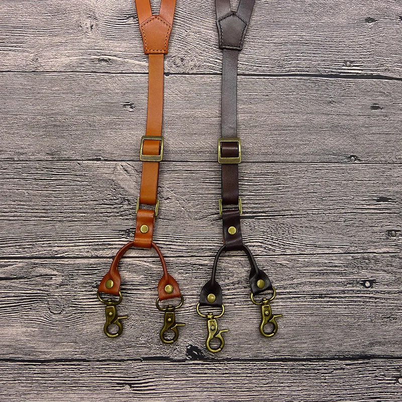 Phong Cách Anh Quốc Móc Nam Treo Áo Vintage Điều Chỉnh Unisex Da Thật Chính Hãng Da Suspender Đồng Dây Đeo Vai Quần Treo Áo Nam