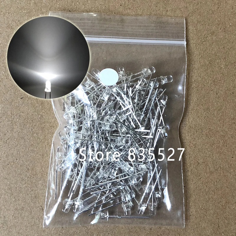 100PCS/LOT F3 3MM Round Transparent Shell Nature White LED Light-emitting Diodes Water Clear For DIY Light  lamp beads DIP