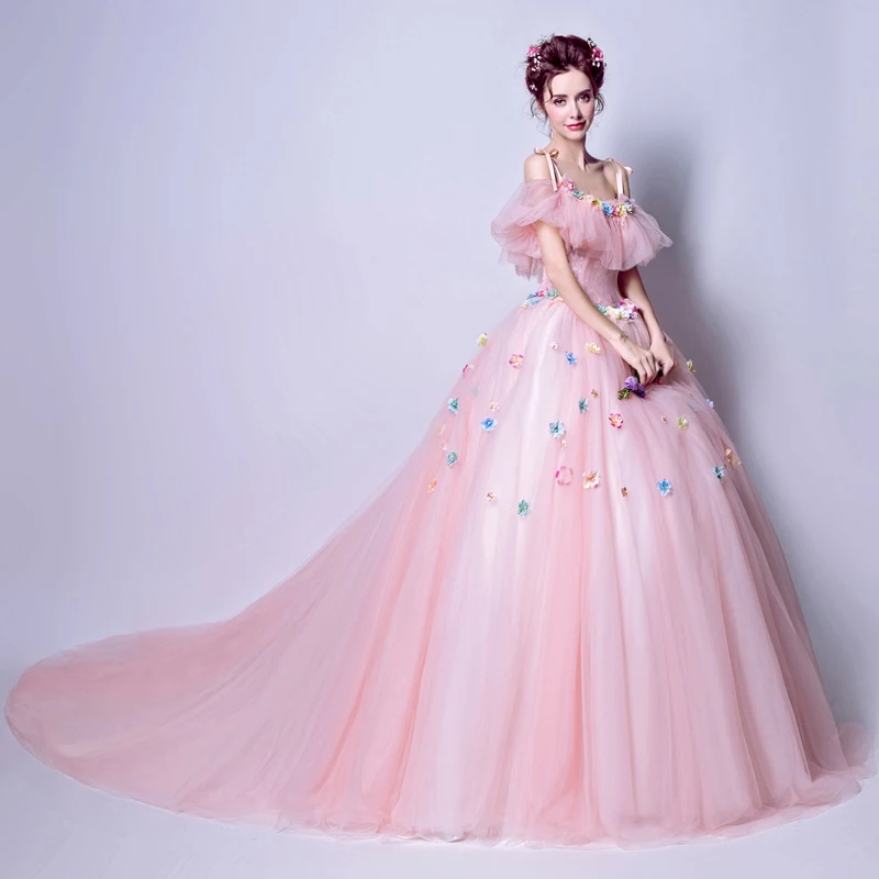 Vestido de quinceañera rosa, hombros descubiertos, tirantes finos, hecho a mano, flores hinchadas, vestidos de baile, tren de barrido, vestidos de quinceañera