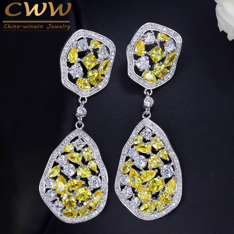 CWWZircons Irregular Design White Gold Color Long Drop Gorgeous CZ Crystal Yellow Stone Earrings for Women Jewelry CZ288