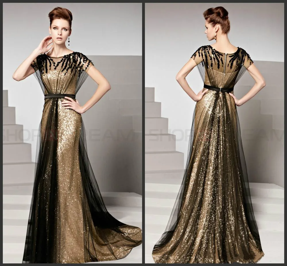 New Fashion Scoop Crystal Black Tulle Lange Avondjurk Gold Sequn Kant Lange Een Lijn Elegante Avondjurken Custom Maken