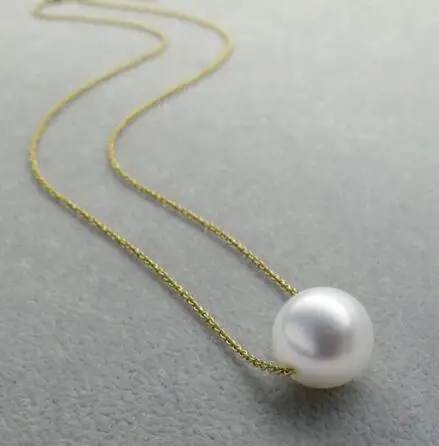 

free shipping noble jewelr Classic AAA 11-12mm Round Genuine South Sea White Pearl Necklace 18K Yellow Gold