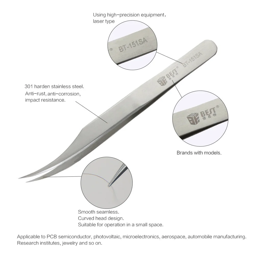 BST-151SA Hot bán Thép Không Gỉ Mày Nhíp Sửa Chữa Công Cụ Siêu Tinh Tế Độ Chính Xác Cao Chống Axit Tweezers