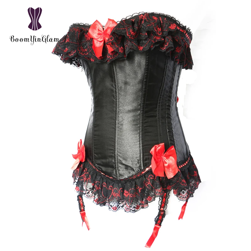 Strapless Women\'s Floral Lace Trimmer Boned Corselet Overbust Corset Bustier Top With Supenders