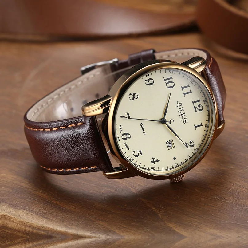 3 colori Top Julius Man orologio da uomo giappone quarzo ore orologio data automatica Fine Fashion vera pelle scatola regalo di compleanno retrò da