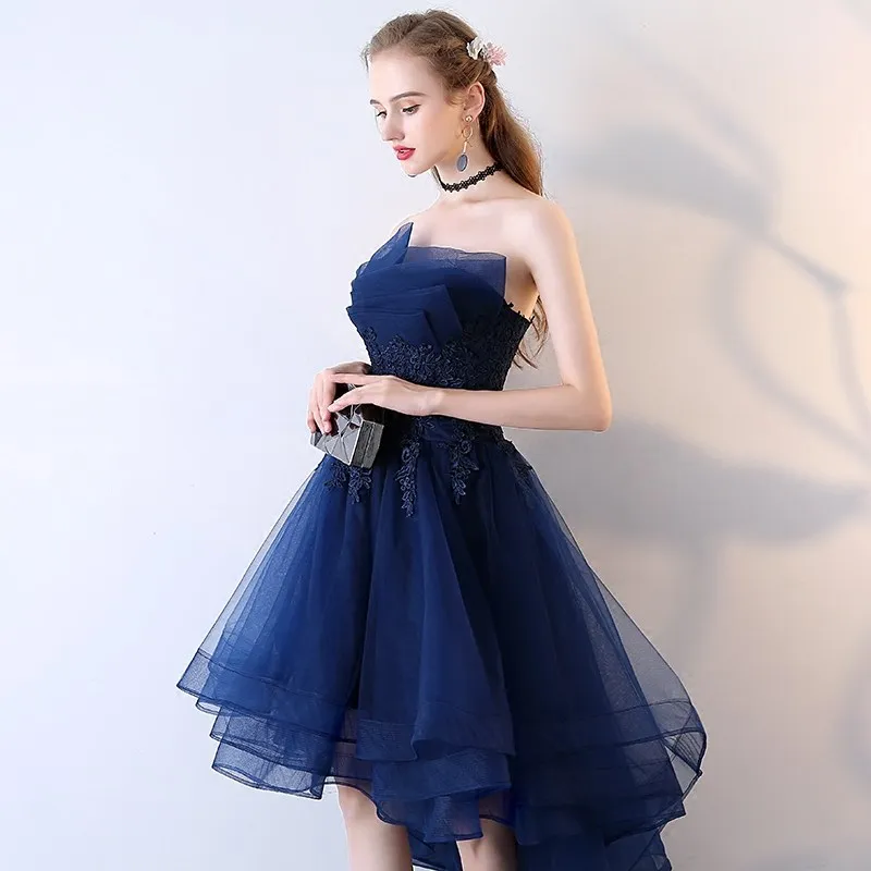 Customized Robe De Soriee Navy Blue High Low Evening Gown Lace Strapless Sexy Elegant Formal Graduation Prom Party Gown