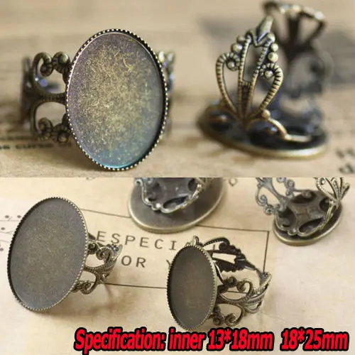 10pcs Wholesale Antique Bronze Filigree Ring Blank Jewelry with inner 13*18/18*25mm Teeth Edge Cameo Setting Cabochons Tray