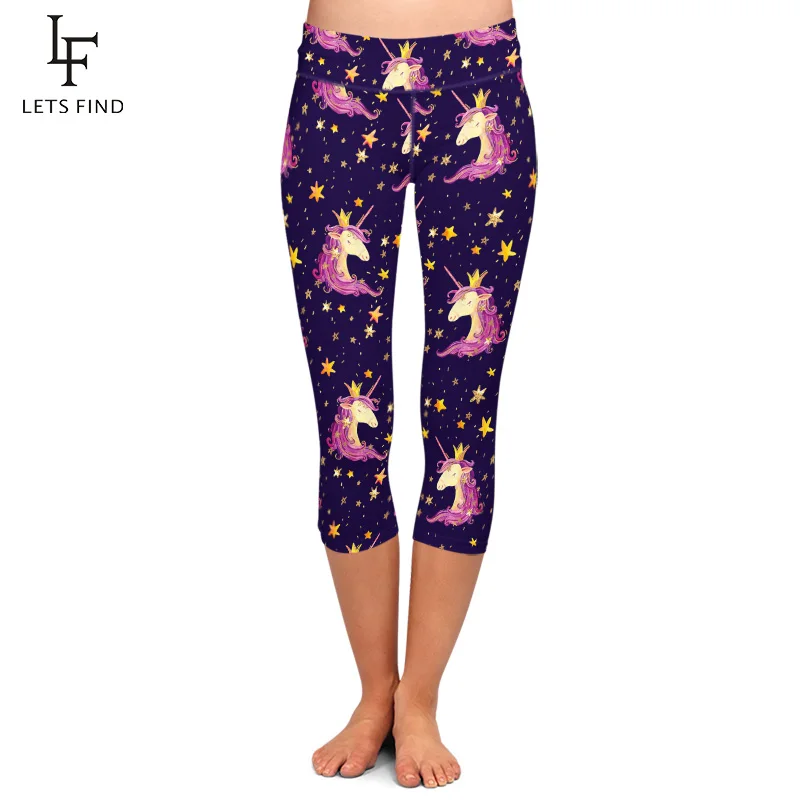 

LETSFIND Fashion 3D Unicorns and Stars Digital Printing Women Capri Leggings New High Waist Milk Silk Print Mid-Calf Leggings