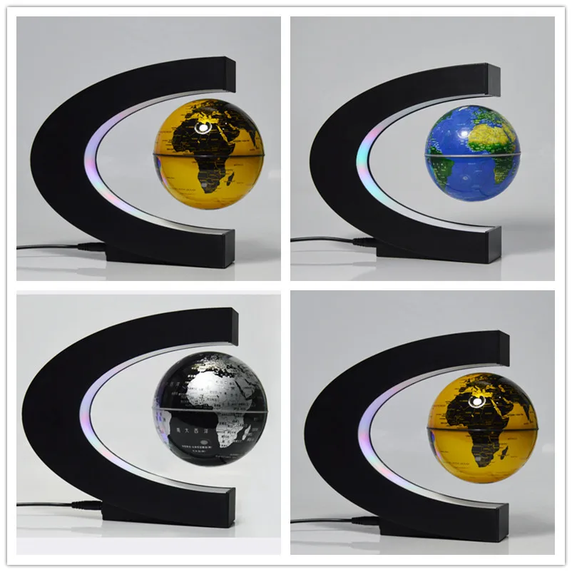 C Shape Magnetic Levitation Floating Globe, LED Light, Black, Blue, World Map, Home Decor, Antigravity, Gift, 1 Set