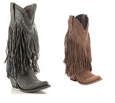 

Women Suede Leather Gladiator Middle Boots Flat Thick Heel Fringe Riding Boots Slip-on Red Brown Tassel Boots Drop Ship