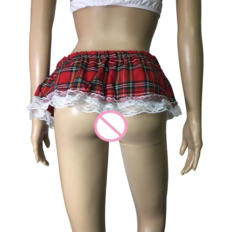 Uniforme de talla grande para niña, uniforme de estudiante de preparación, sujetador a cuadros, Top con ribete de encaje, minifalda, conjunto de disfraz de Lolita, lencería Sexy para mujer