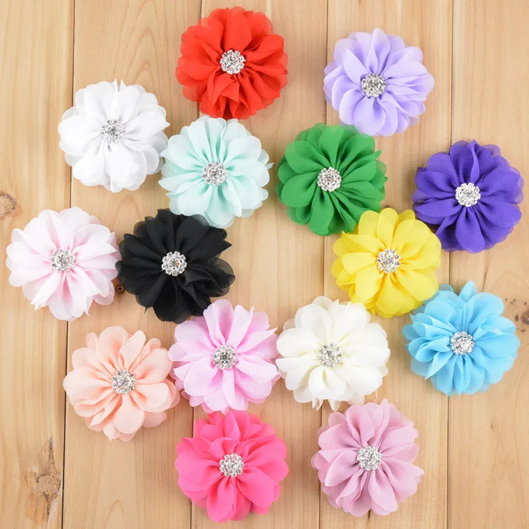 30 pcs/lot, 2.75 inch Chiffon flowers with Rhinestone 15 colors