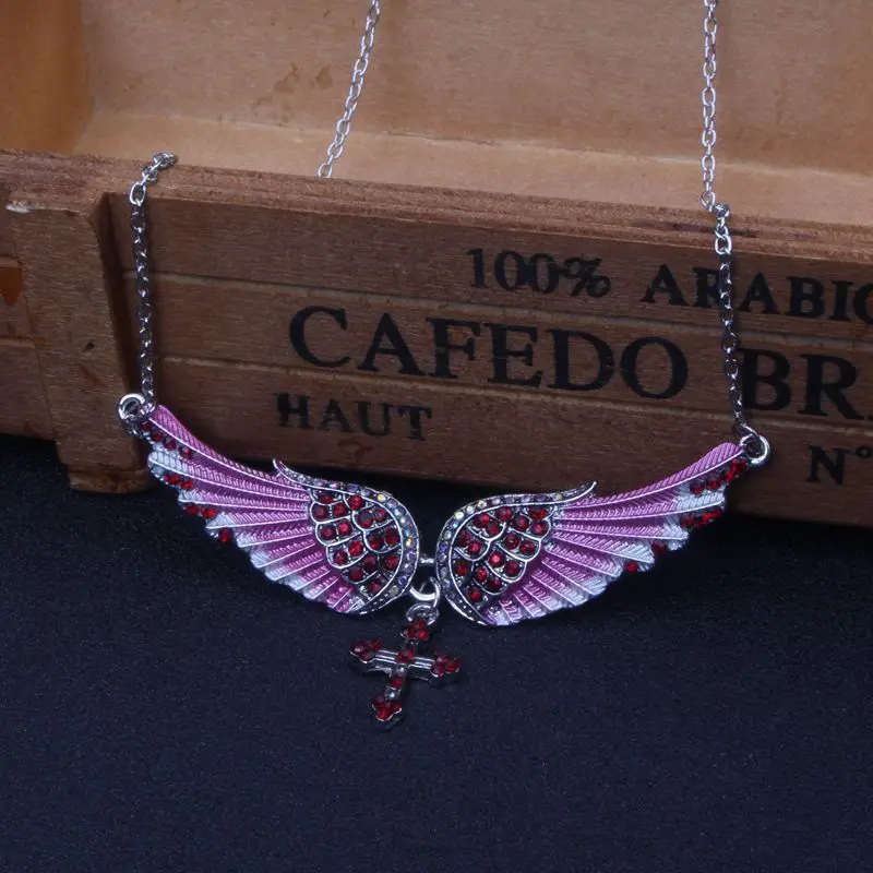 الأزياء الأزرق الأبيض الوردي سحر كريستال أجنحة الملاك الصليب قلادة قلادة Shellhard خمر مجوهرات للنساء الزفاف هدية الزفاف #1