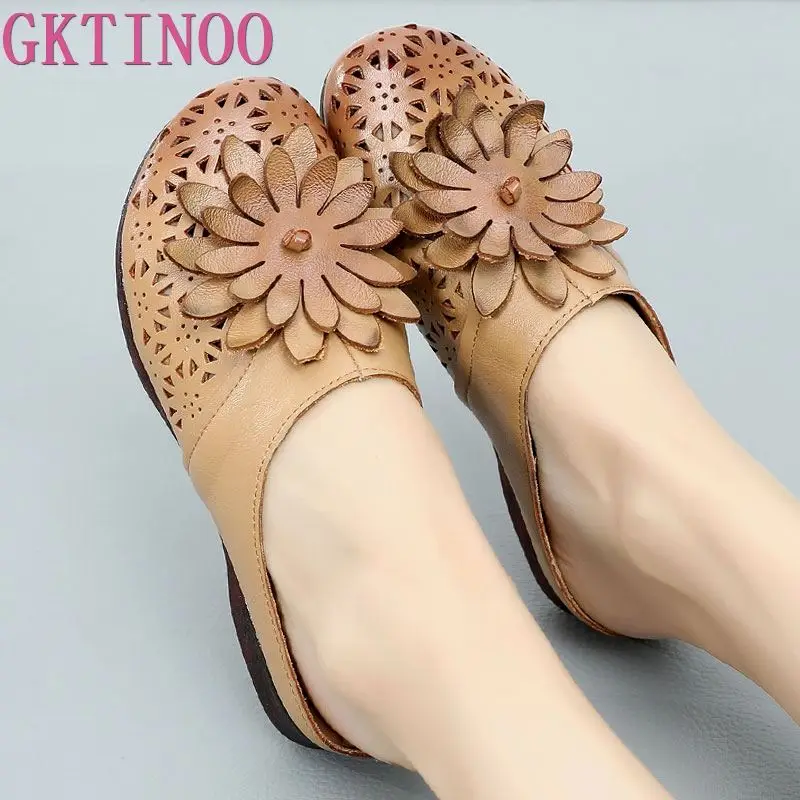 GKTINOO Vintage Genuine Leather Women Slippers Summer Shoes Flat Retro Slip On Flowers Hollow Sandal Shoes Sandalias Mujer