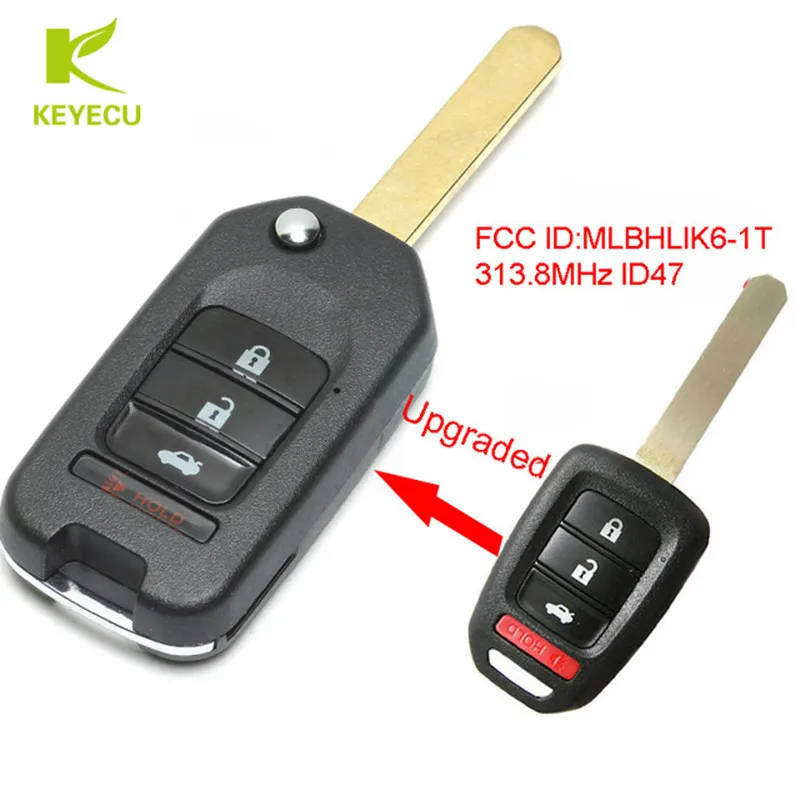 KEYECU Upgraded Flip Remote Car Key Fob 3+1 Button 313.8MHz ID47 for Honda CRV 2014-2016 / HRV 2016-2017 FCC ID: MLBHLIK6-1T