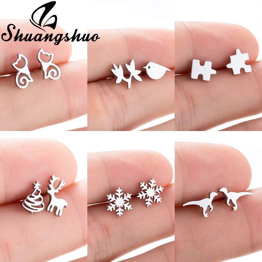 Shuangshuo Stainless Steel Stud Earrings For Women Cute Earings Animal Cat Earring boucle d\'oreille femme oorbellen