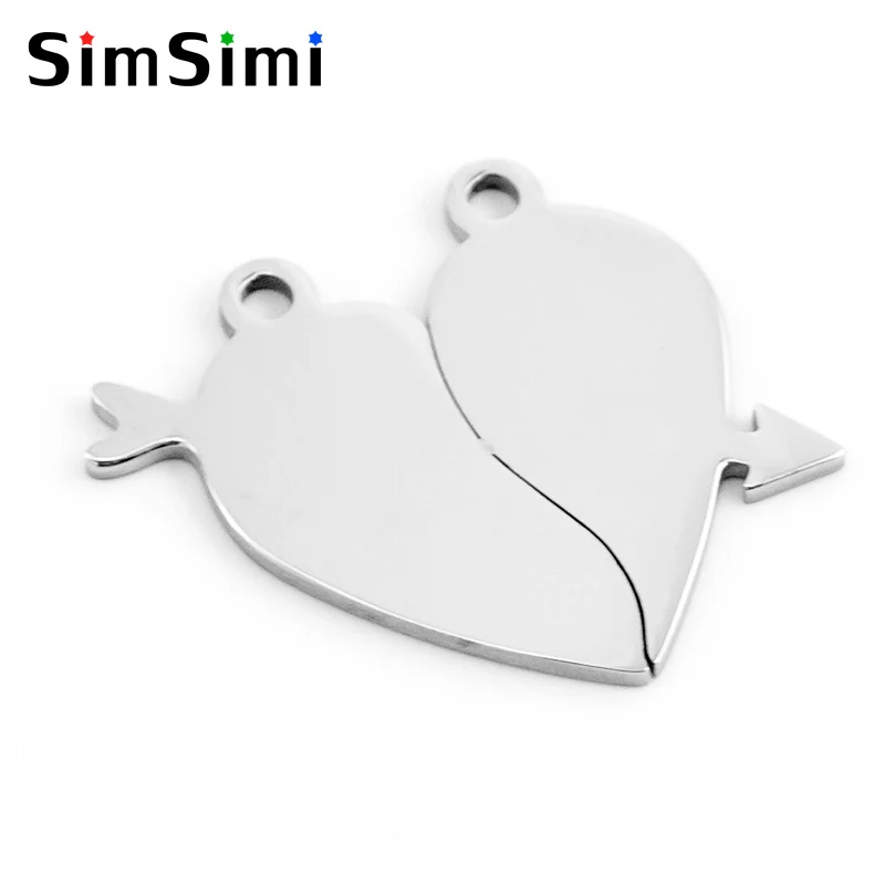 

stainless steel 50pcs Simsimi Cupid's arrow Heart Charms for Lovers' split heart blank pendant diy print tags mirror polish