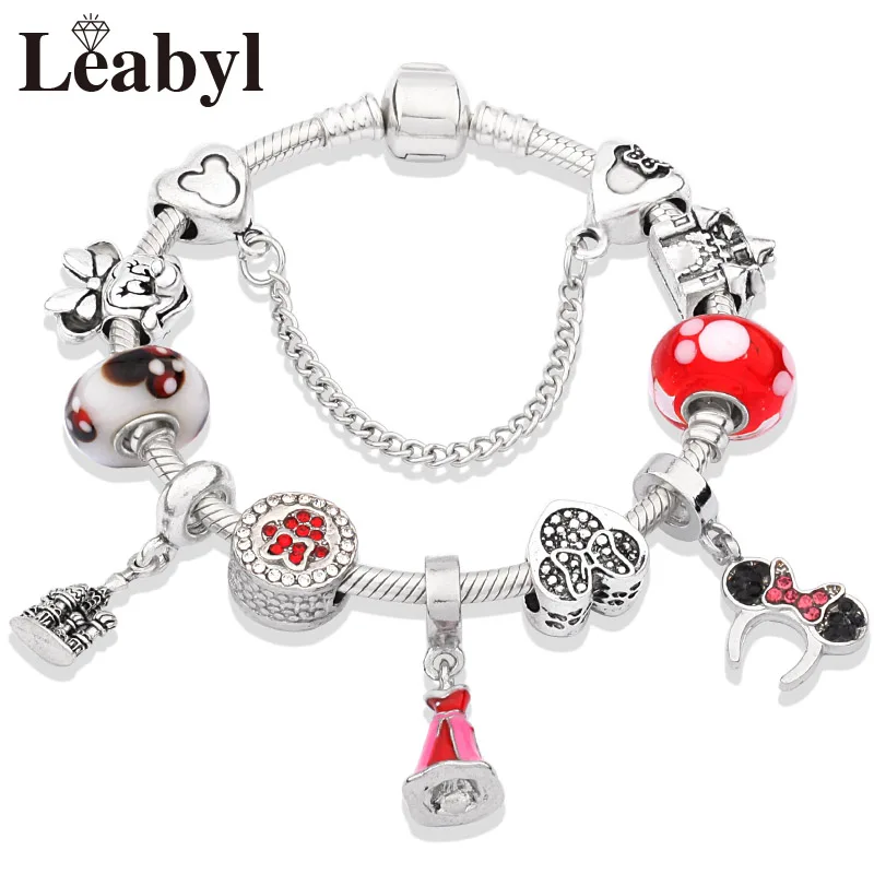 Red Enamel Potdemiel Princess Dress Minnie Bracelet Silver Color Castle Bead Bracelet Diy Crystal Charm Bracelet for Girl