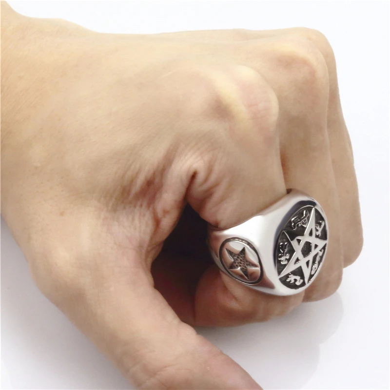 Mens Boys Pentacle Pentagram Rune Star Magic Casting 316L Stainless Steel Wiccan Ring Fashion Jewelry