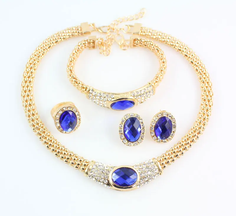 Wedding African Beads Jewelry Set Crystal Costume Gold color Rhinestone Statement Chunky Necklace Earring Ring Jewelry Set